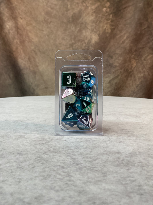 Dice – Foam Brain Games – 7-Die Set 16mm Aluminum Plated Acrylic Rainbow Aegis w/ White Numbers